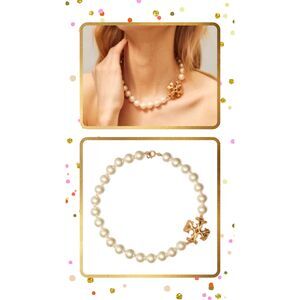 TORY BURCH Roxanne Pearl Double T Logo Statement Choker Necklace